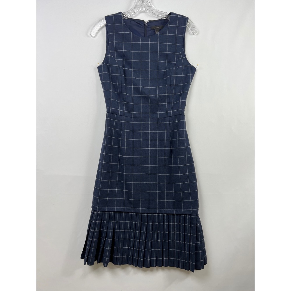 J.Crew Dress Women 2 Navy Windowpane Plaid Wool Blend Pleated Drop Hem Shift